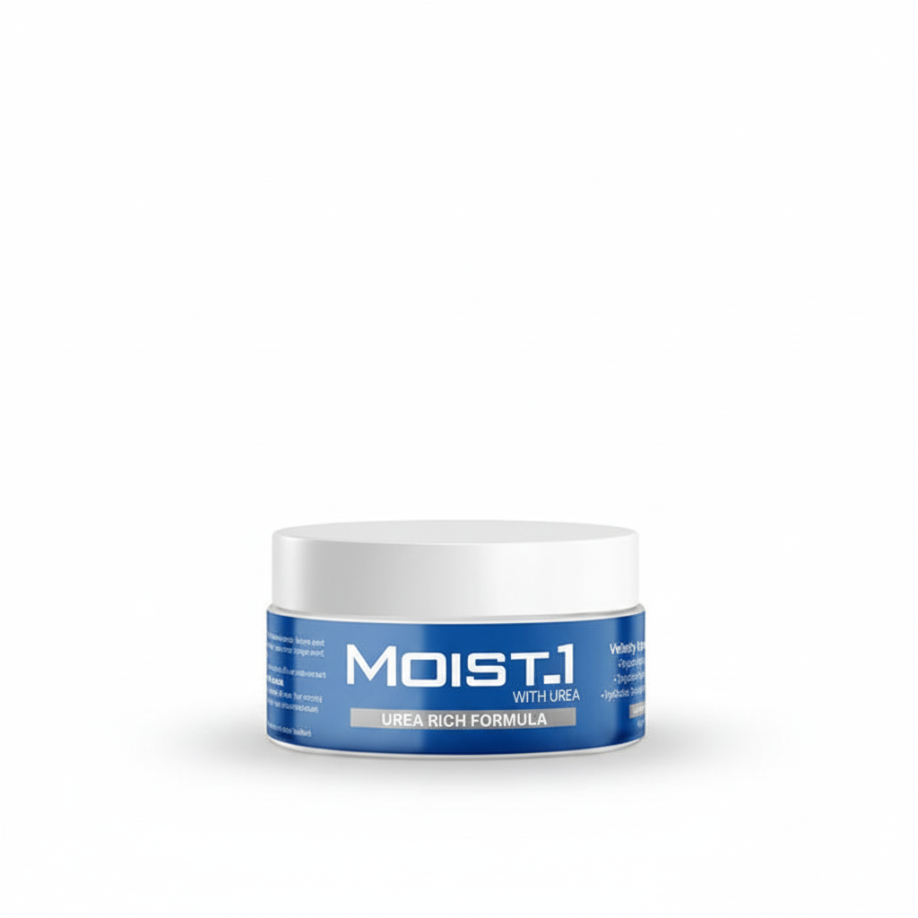 Jar of Moist 1 cream with blue label on a white background