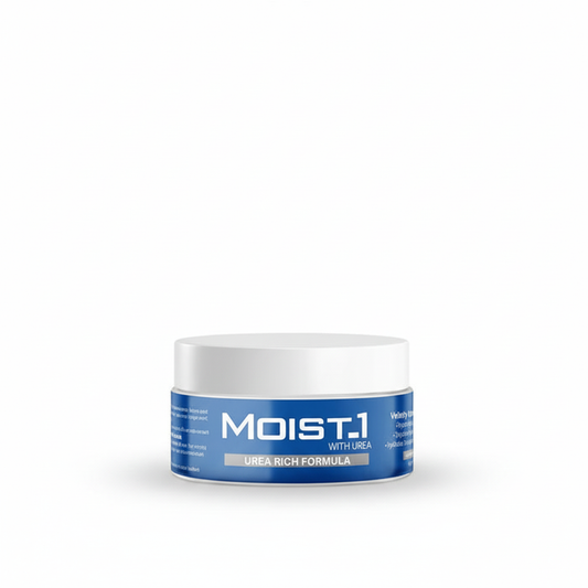 Jar of Moist 1 cream with blue label on a white background