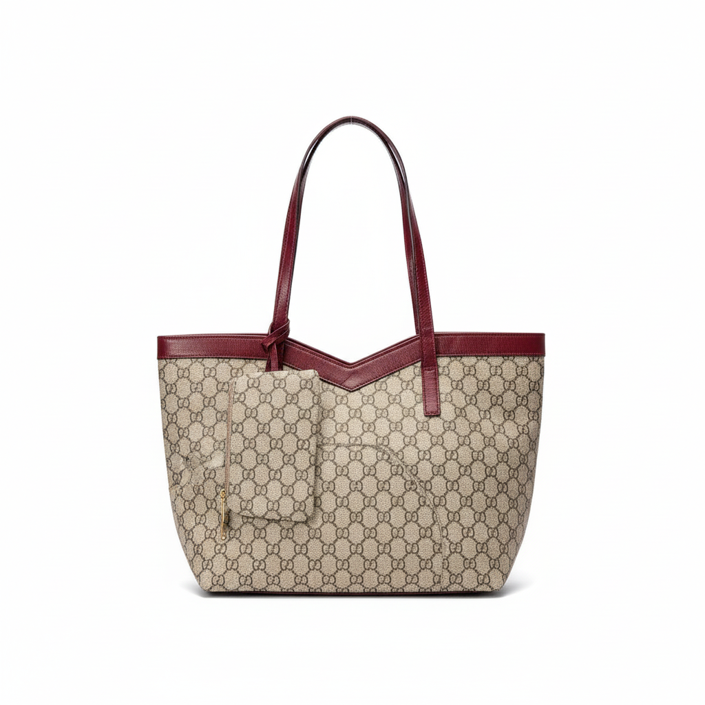 Monogram tote with burgundy trim - saturated colors