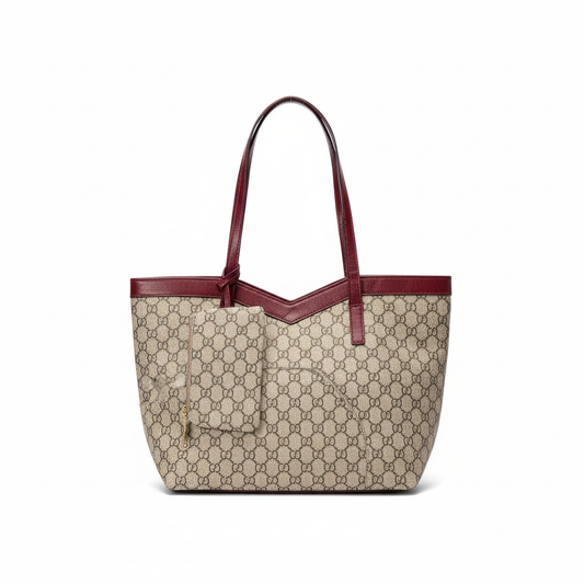 Monogram tote with burgundy trim - saturated colors