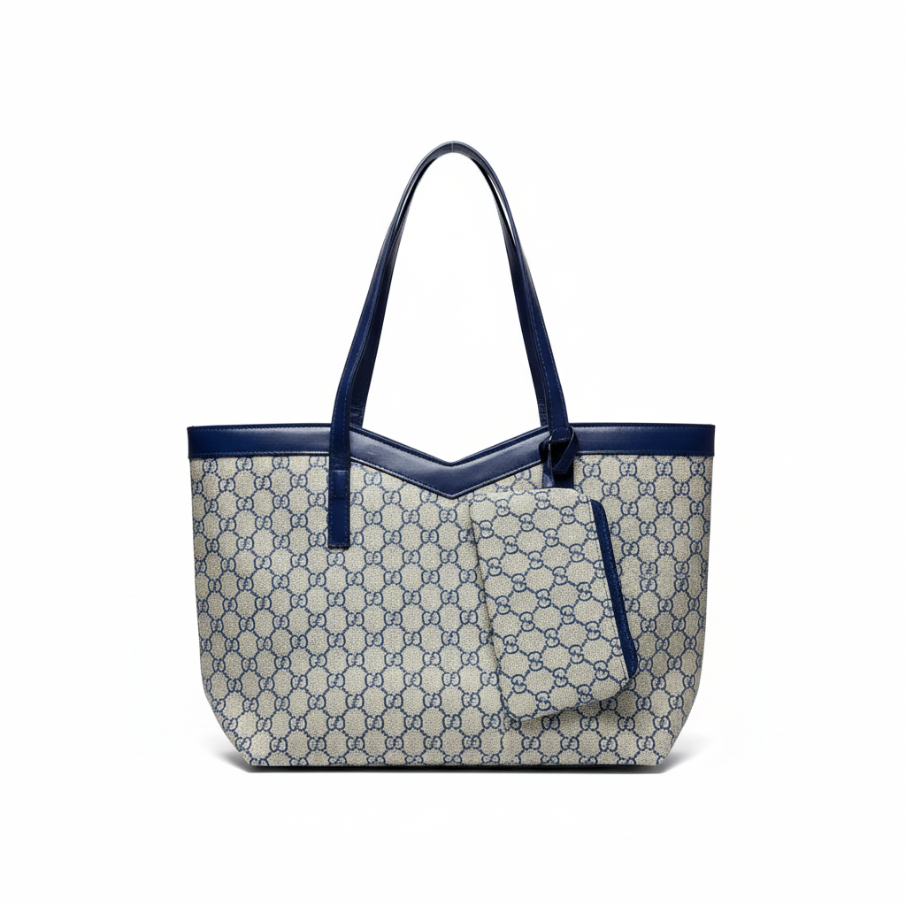 Monogram tote with navy trim - saturated colors