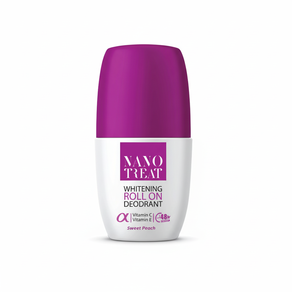 Nanotreat whitening roll-on deodorant with purple cap and white body on a white background
