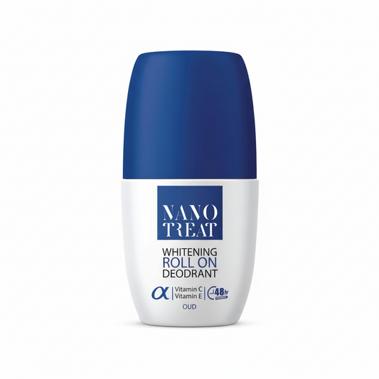 Nano Treat whitening roll-on deodorant with blue cap on a white background