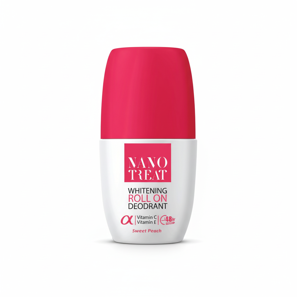 Nano Treat whitening roll-on deodorant with pink cap on a white background