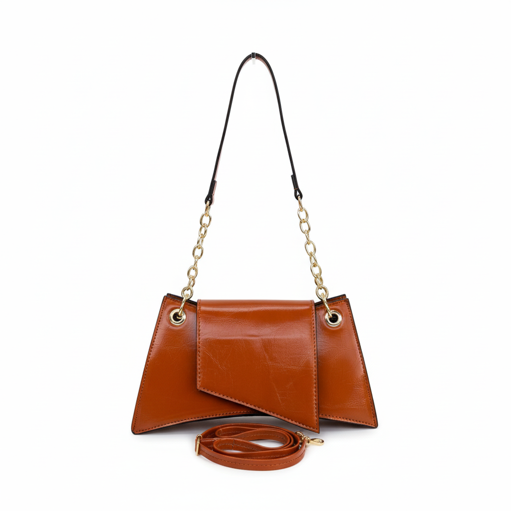 Burnt orange cognac leather handbag with gold chain straps
