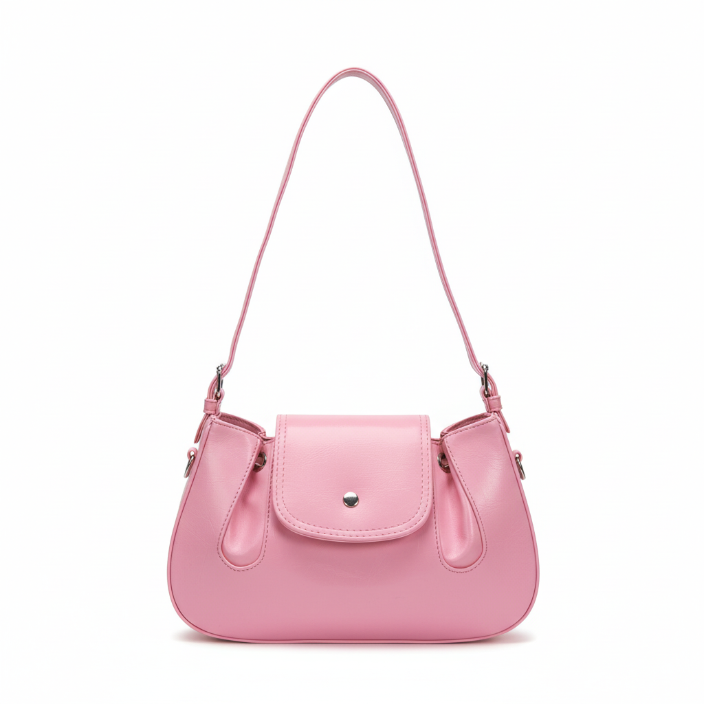Pink leather handbag front view