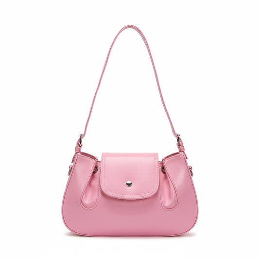 Pink leather handbag front view
