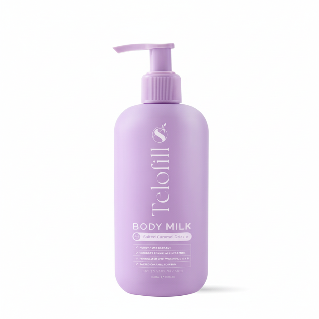 Purple bottle of Telofills body milk on a white background