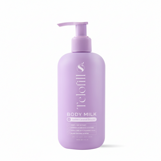 Purple bottle of Telofills body milk on a white background
