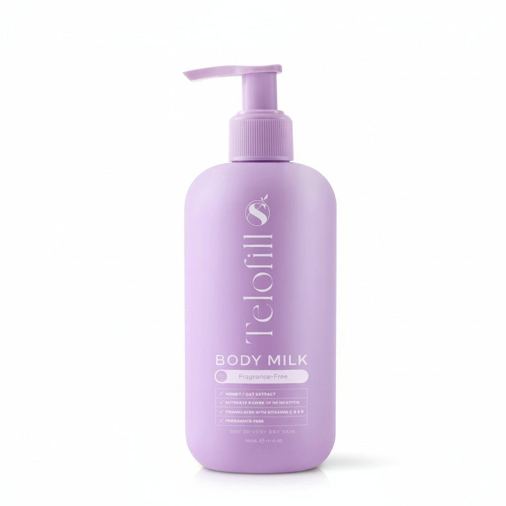 Purple bottle of Telofills body milk on a white background