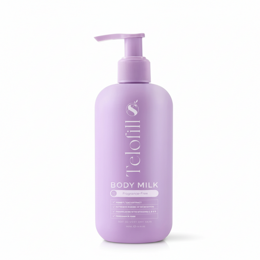 Purple bottle of Telofills body milk on a white background