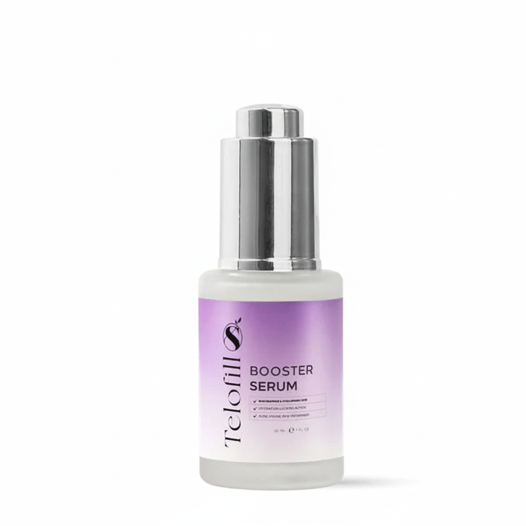 Booster serum bottle with purple label on a white background