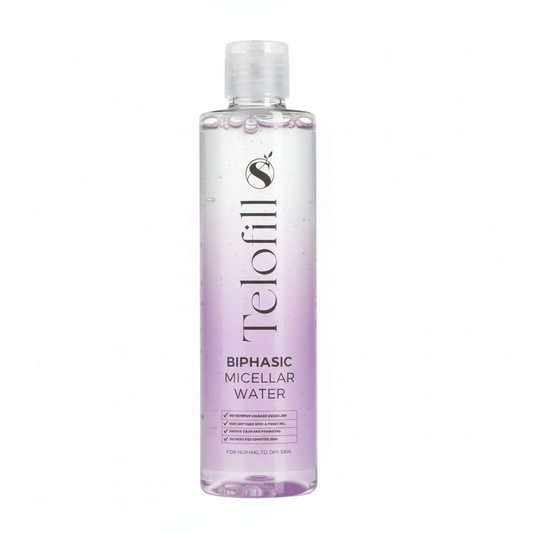 Bottle of Telofill biphasic micellar water on a white background