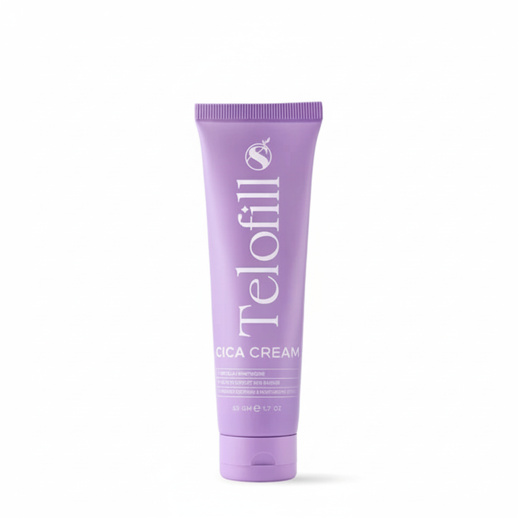 Purple tube of Telofil Cica Cream on a white background