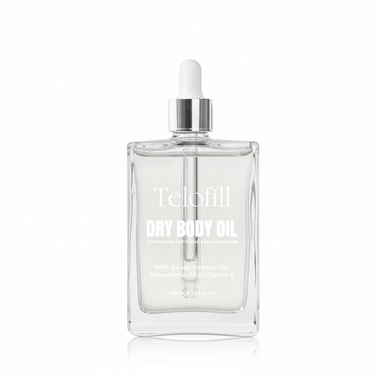 Clear bottle of Telofill dry body oil with a dropper on a white background