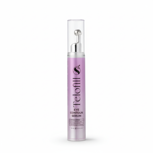 Eye contour serum bottle with visible brand on a white background