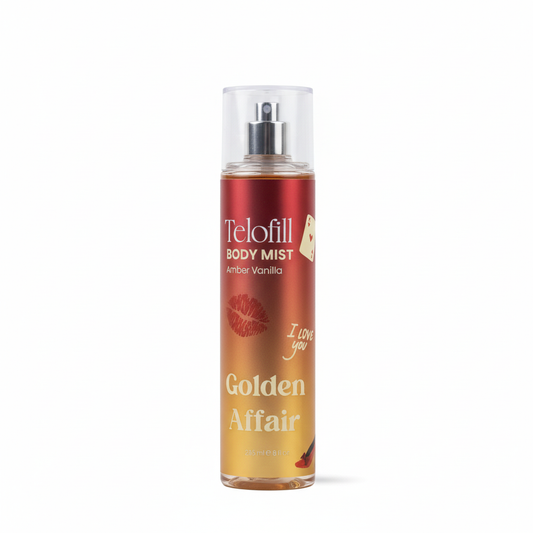 Telofill body mist bottle with 'Golden Affair' text on a white background