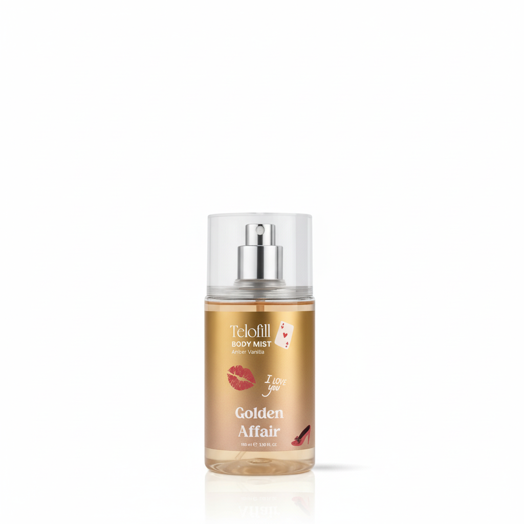 Feloill Golden Affair body mist bottle on a white background