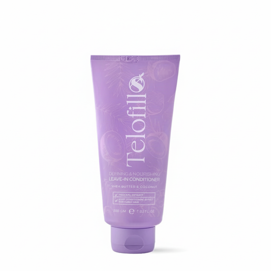 Purple tube of Telofill leave-in conditioner on a white background