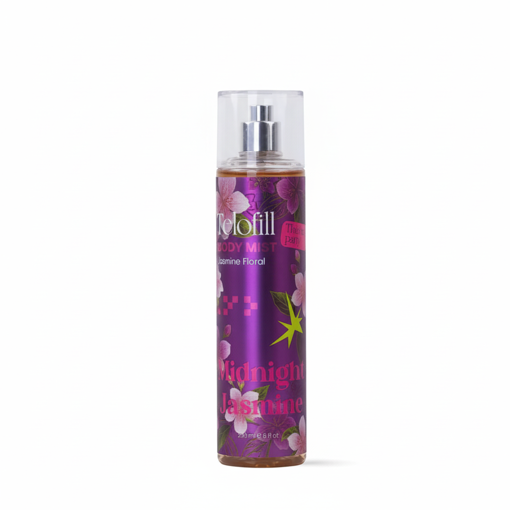Purple body mist spray bottle with floral design on a white background
