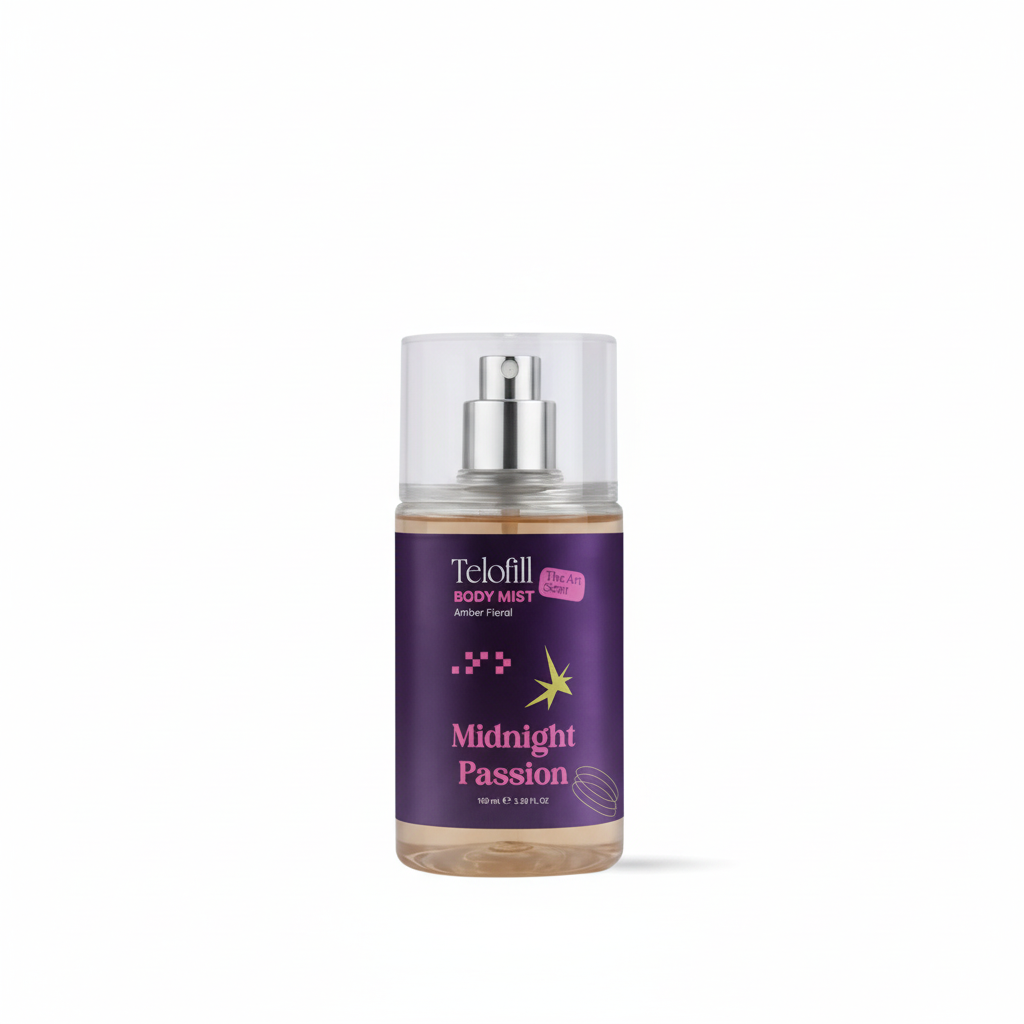 Body mist bottle labeled 'Midnight Passion' on a white background
