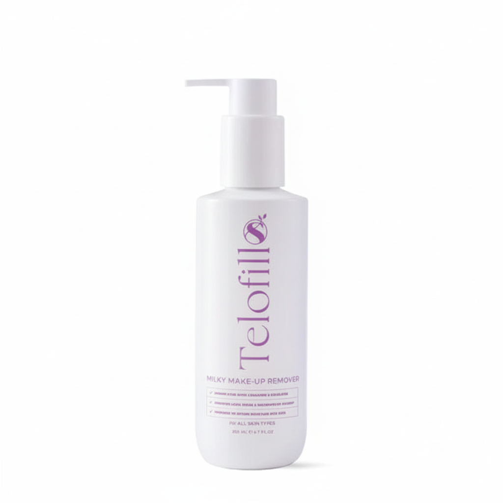 White bottle of Telofill makeup remover on a white background