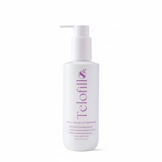White bottle of Telofill makeup remover on a white background
