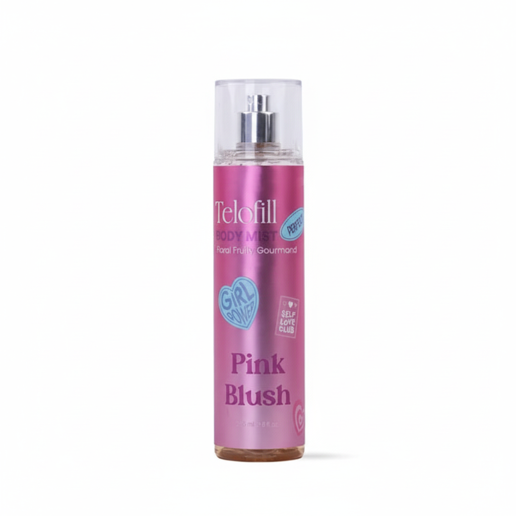 Telofill Pink Blush body mist spray bottle on a white background