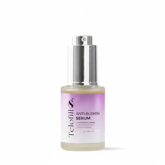 Anti-blemish serum bottle with purple label on a white background