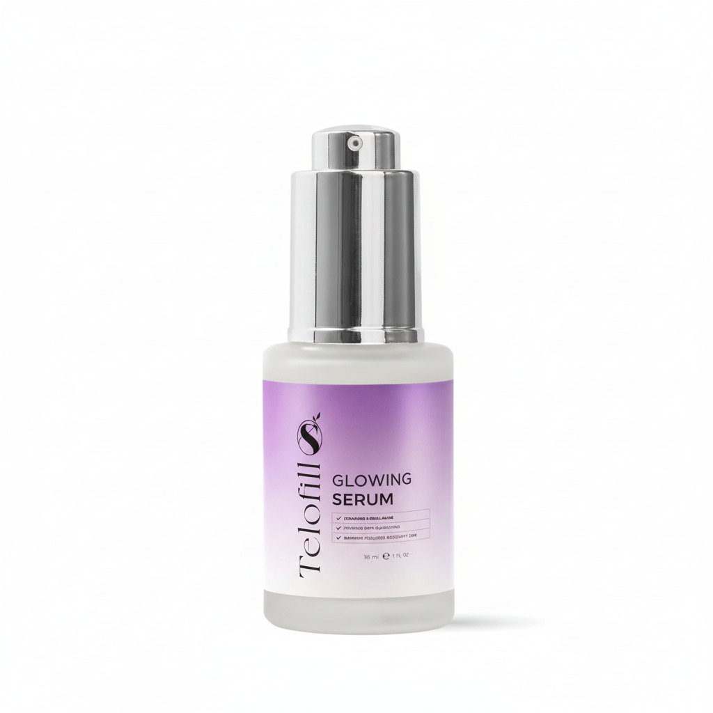 Skincare serum bottle with purple label on a white background