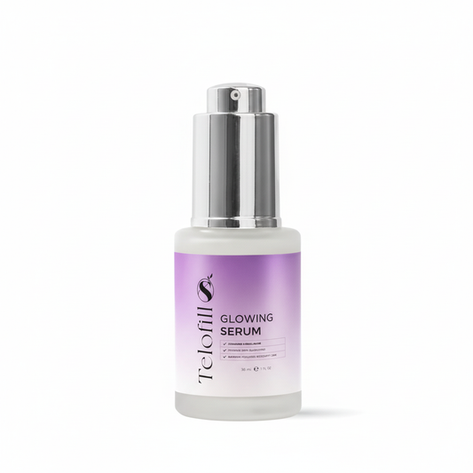 Skincare serum bottle with purple label on a white background