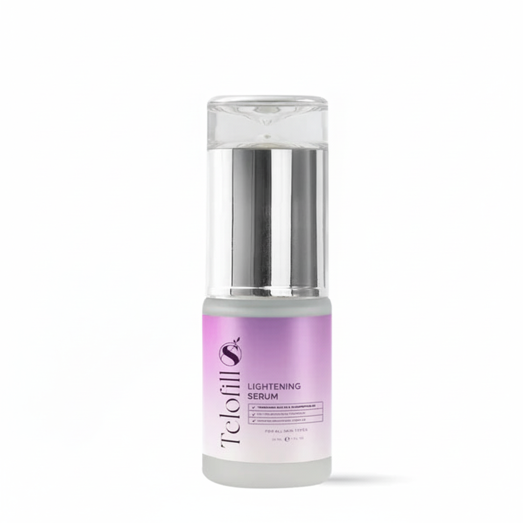 Lightening serum bottle with purple label on a white background