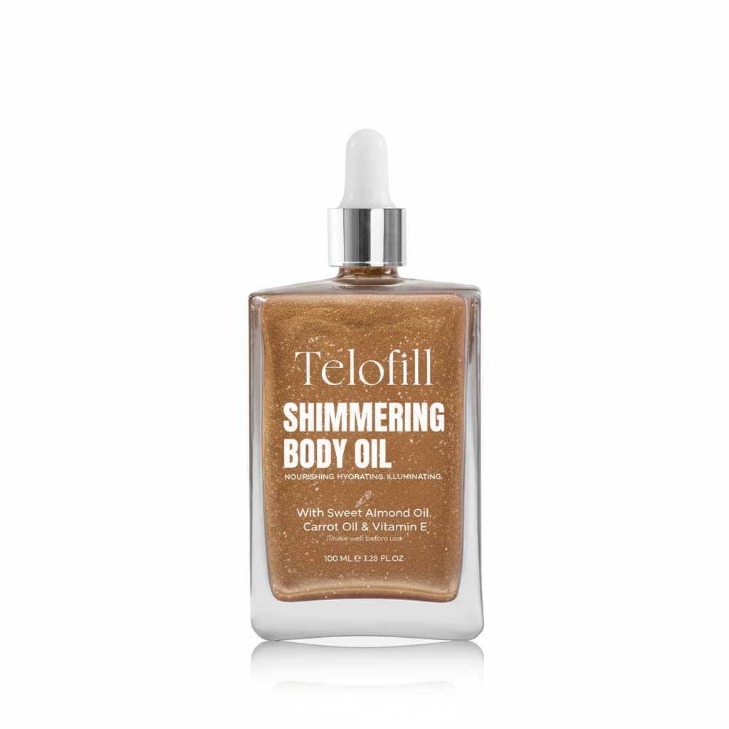 Telofill Shimmer Body Oil bottle on a white background