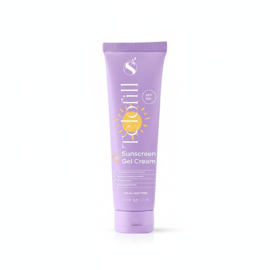 Purple tube of sunscreen gel cream on a white background