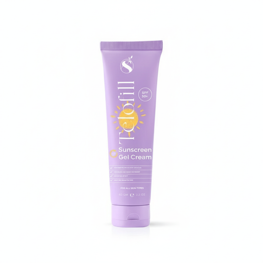 Purple tube of sunscreen gel cream on a white background