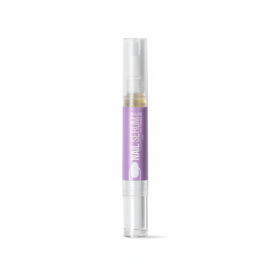 Nail serum bottle with purple label on a white background