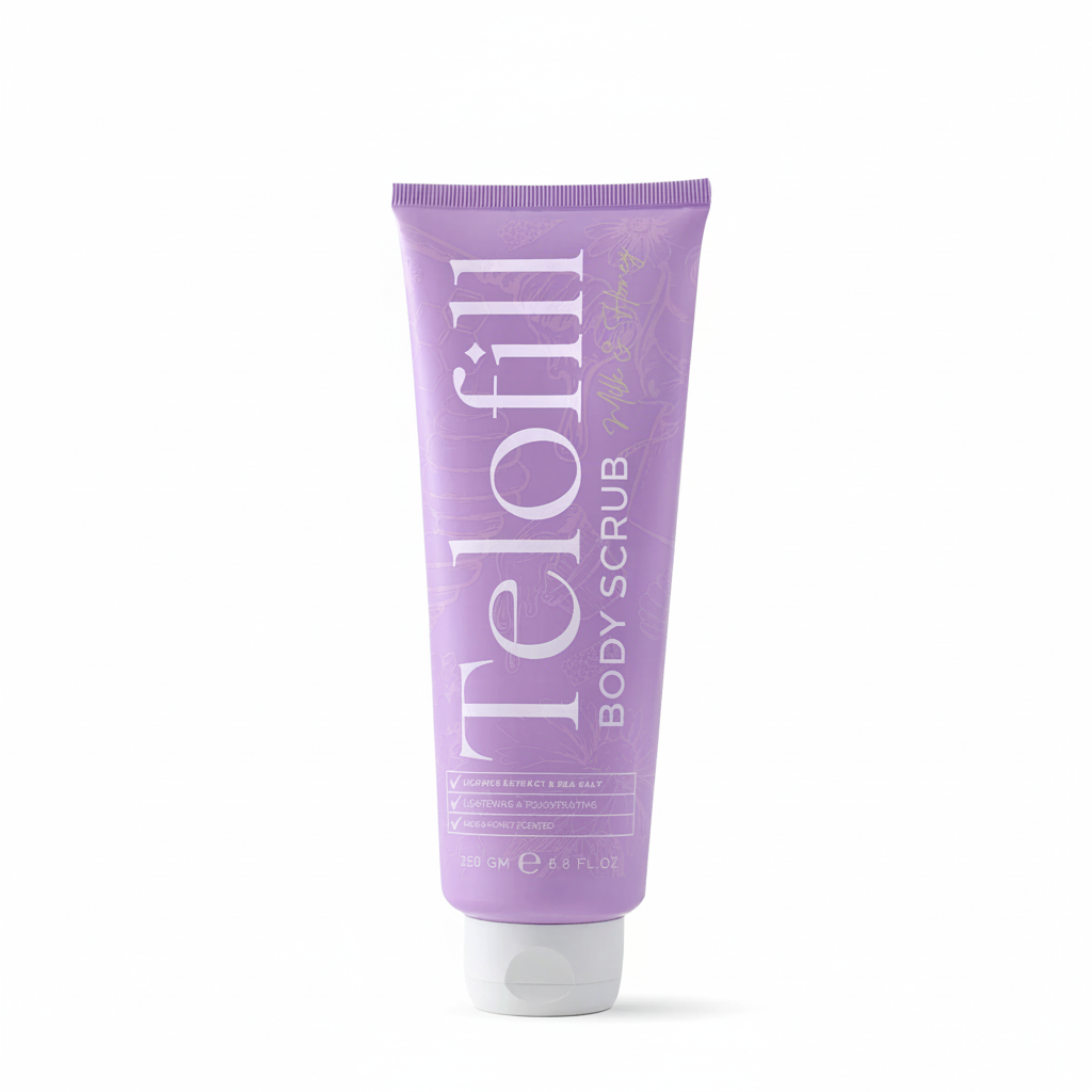 Purple tube of Telofill body scrub on a white background