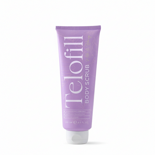 Purple tube of Telofill body scrub on a white background