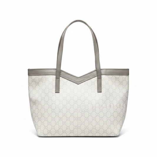 White monogram tote with grey trim - saturated colors